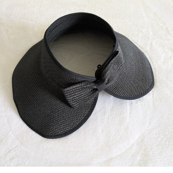 Black Adjustable‎ Sun Hat Paper Bow Hook & Loop Visor Vacation Resortwear Beach - Picture 1 of 8